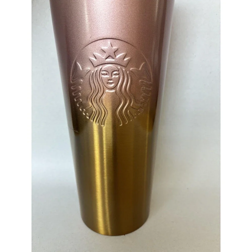 Starbucks Tumbler 24oz Gold Rose Gold Ombre Stainless Travel Cold Cup NO STRAW